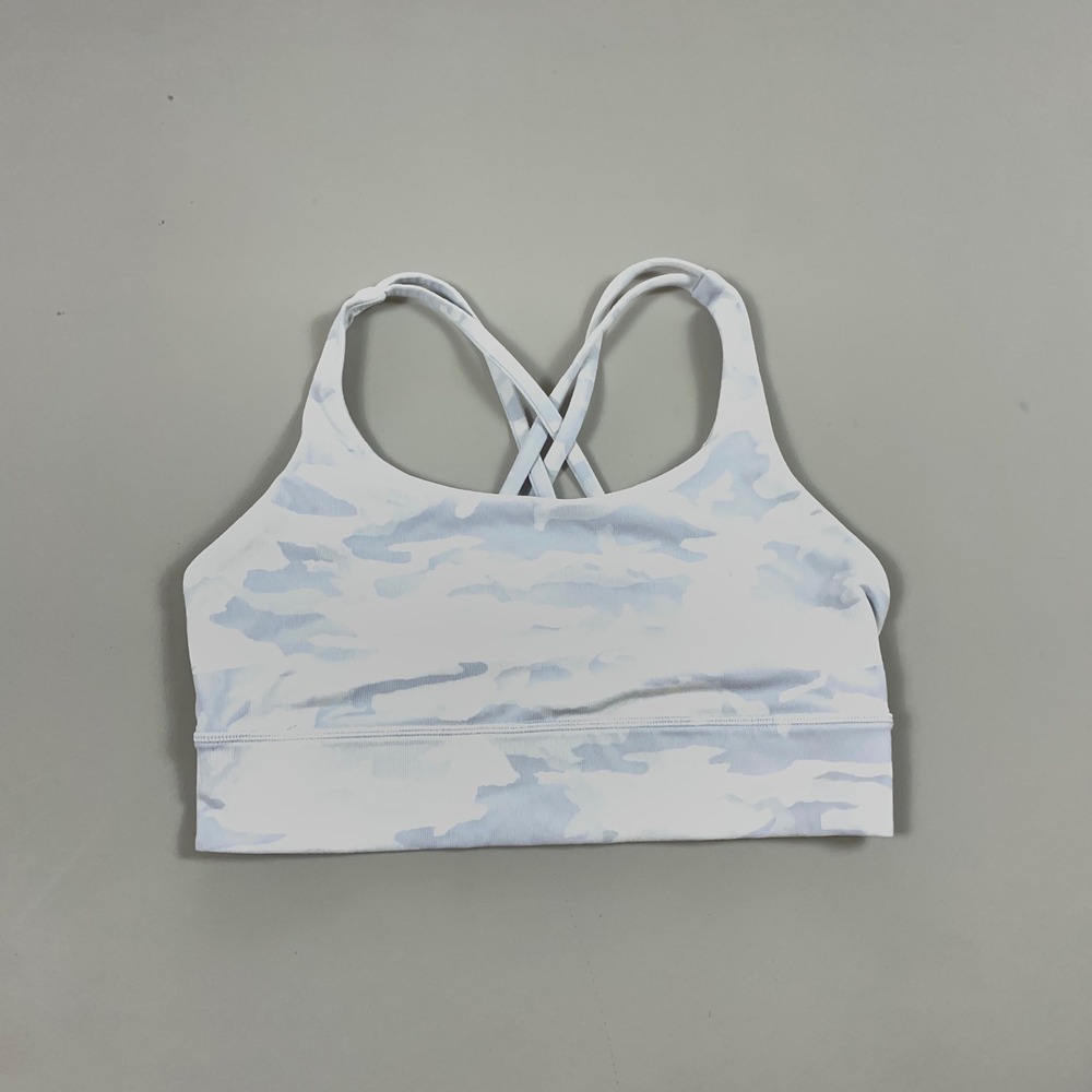 Lululemon Free to Be Serene Bra Light Blue White Camo Strappy Back Womens 10